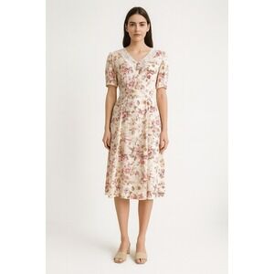 cottagecore dress white pink floral 90s‎ vtg lace collar midi dress size S